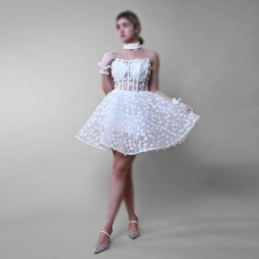 Customized Yipeisha Simple White Tulle Mini Evening Dress Strapless See Through Backless With Flower Appliques Mini Length Party