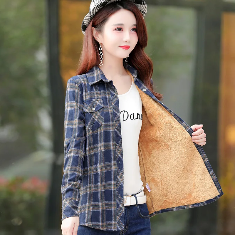 New Women Wool Thicken Plaid Shirts Female Flannel Full Blouses Cotton Cashmere Shirts M-5XL Winter Pockets Slim Tops Mujer