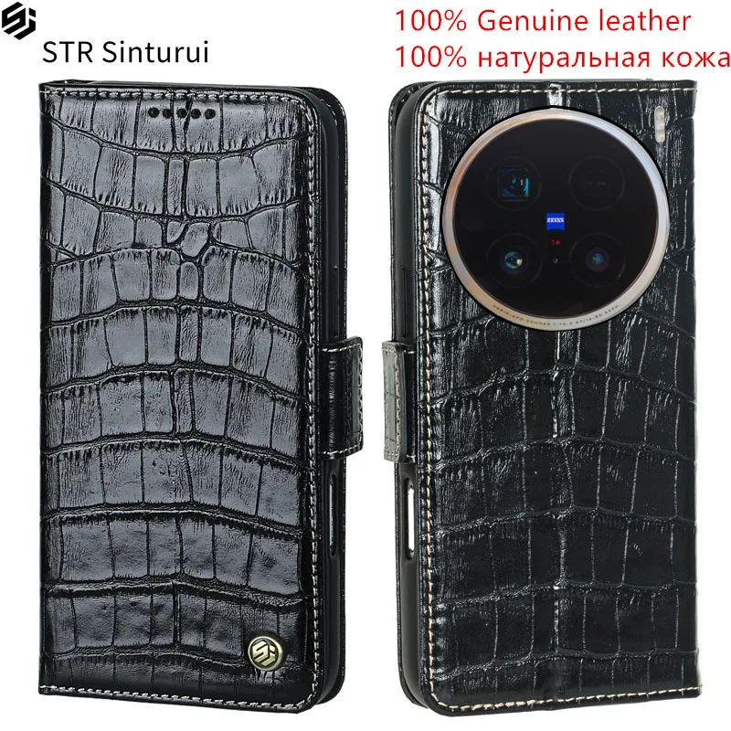 

STR Genuine leather crocodile grain card Slot Wallet Cover For vivo X100 Ultra X80 X90 X100s Pro PIus X90s shockproof phone Case