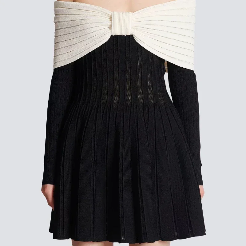 New Collection High Quality Bow Neckline Long Sleeves Pleated Cut Textured Knit Skater Women Flared Off-shoulder Dress