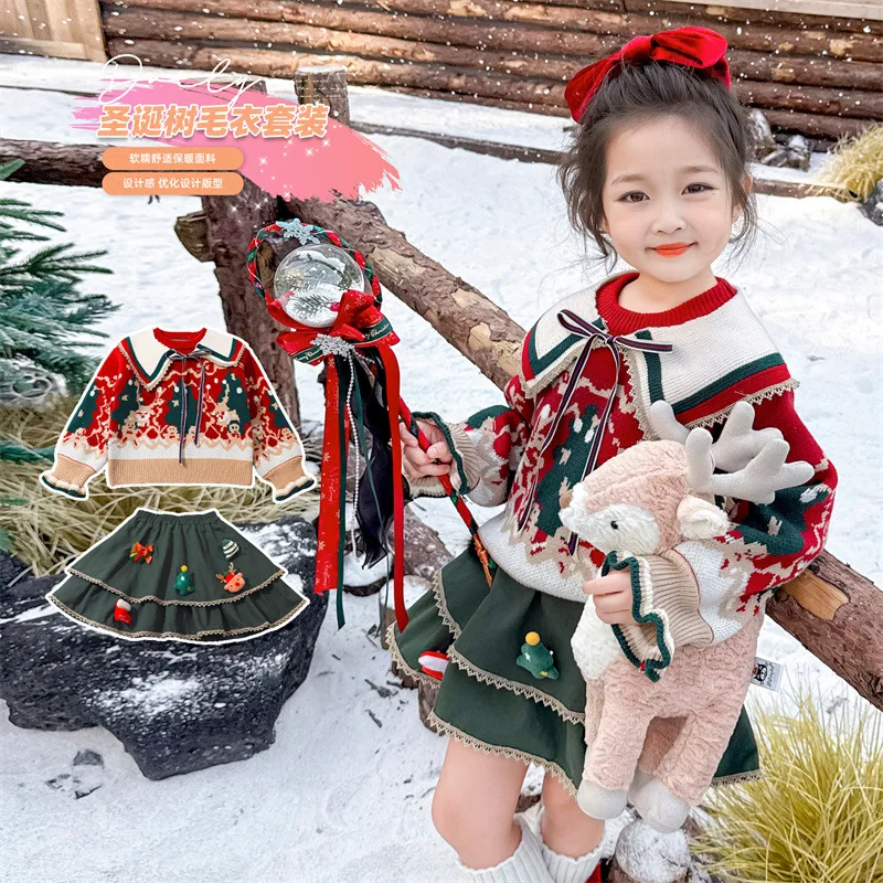 Mädchen Weihnachtspullover Rock Herbst Winter 2026 Neujahr Niedliche Studentin Prinzessin Süßer Strickpullover Rock Festival Geschenk