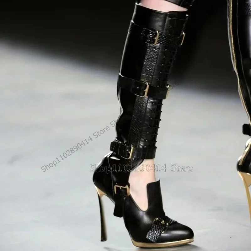 

Black Belt Fastener Decor Hollow Design Boots Back Zipper Women Shoes Thin High Heels New Fashion Sexy 2023 Zapatos Para Mujere