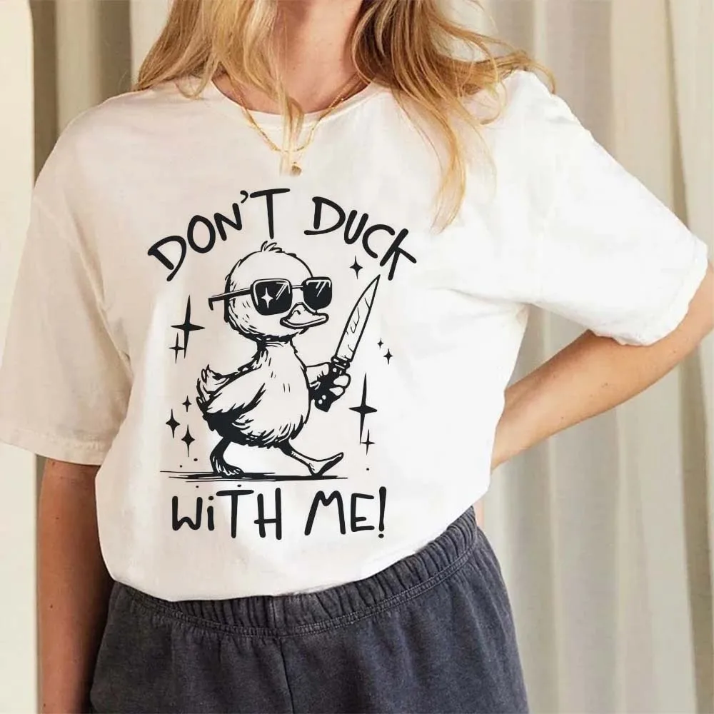 Retro Printed Street Women's Summer Travel Vacation T-Shirt Cute Cartoon Duck Pattern Casual Style Printed O-Neck Loose T-Shirt