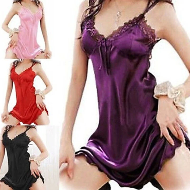 Estate donna Sexy Sleepwear camicia da notte raso di seta Babydoll pizzo abiti Sleep Dress gonna Lady Off spalla indumenti da notte gonna lunga