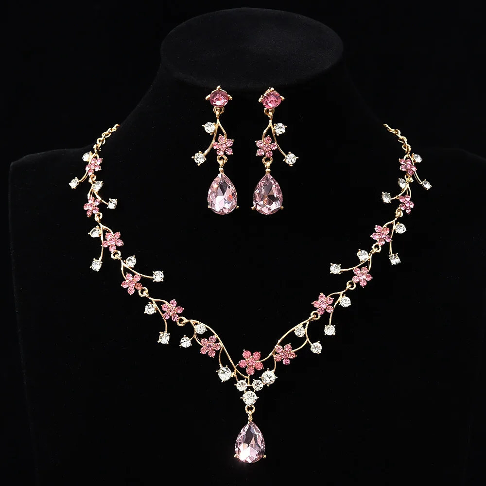 Luxuriöses Zirkon-Blumen-Anhänger Halskette und Ohrringe Schmuckset für Damen, Zierliche Kristall-Tropfen-Ohrringe Accessoires – Detail 2