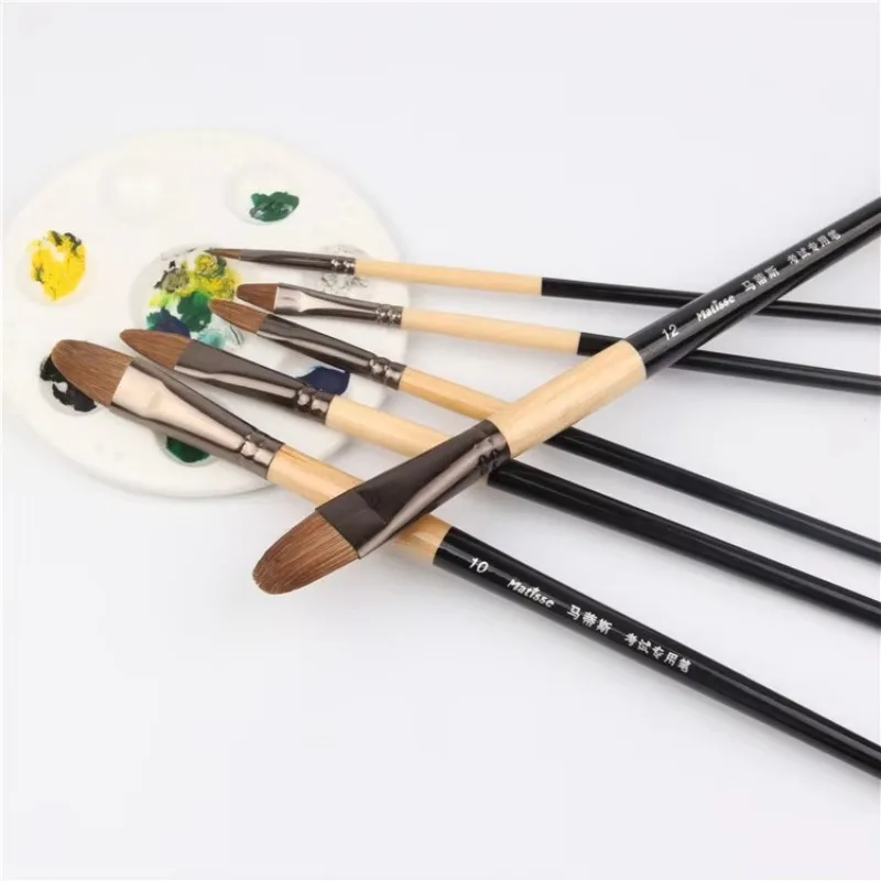 High-grade 6pcs Horsehair Brush Artist Oil Paint Brush Nail Round Long Wooden Pole Acrylic Paints Set Row Pen Student Stationery