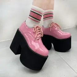 14cm Super High Heel Elevator Shoes Platform Lolita Patent Leather Lace-up College Style Round Head Dark Cool Pumps Women