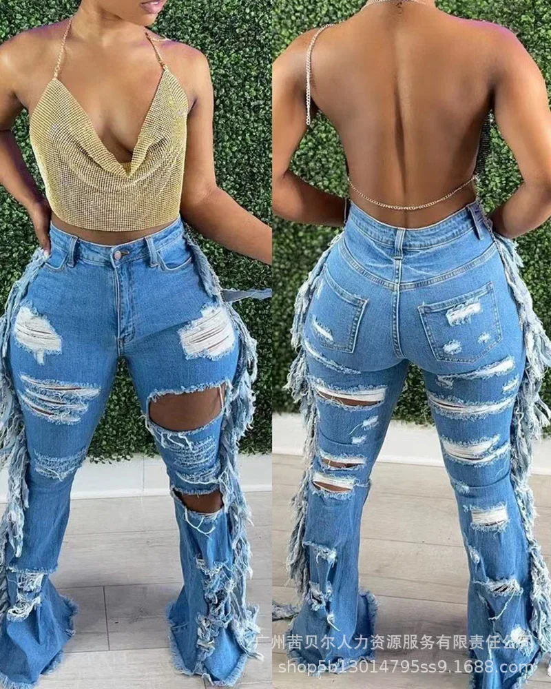 

Fashion Pants Women Damaged Wash Tassels 2023 Summer New Long Denim Jeans for Women