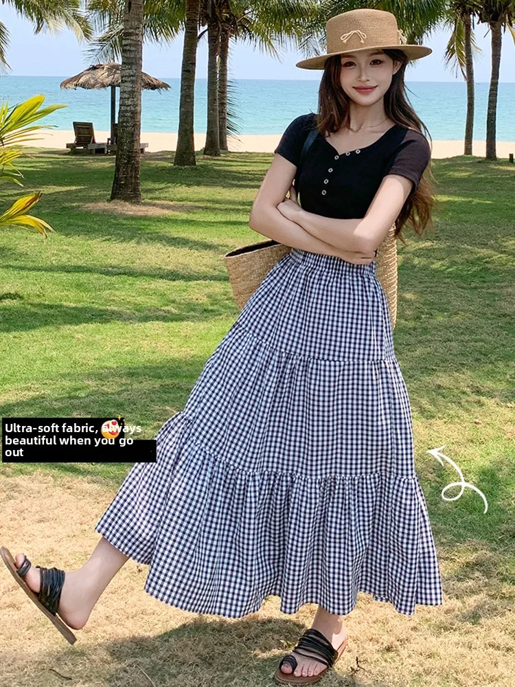 

Корейская клетчатая длинная юбка трапециевидной формы в стиле ретро, женская летняя тонкая высококачественная утягивающая юбка-тортик длиной f
