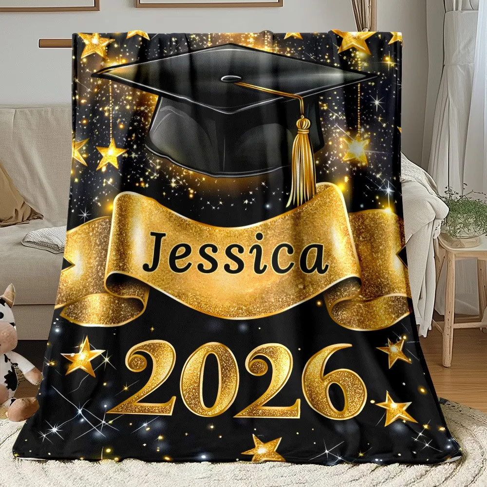 1Pc Personalized Customized Name/Text Graduation Blanket 2026 Golden Cap Stars Sparkle Soft Fleece Throw College Gift Home Decor