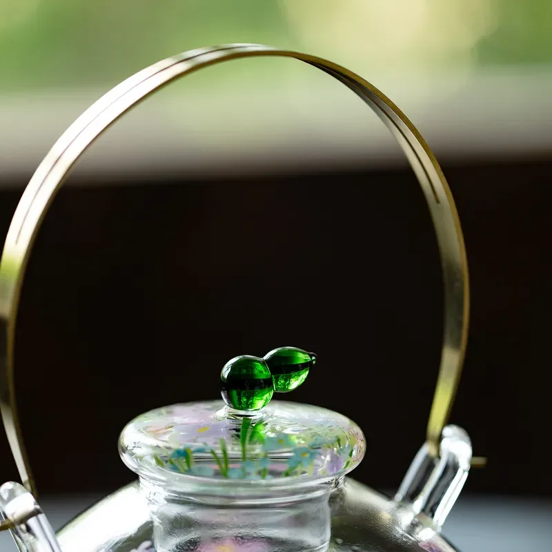 Hand Painted Glass Teapot with Copper Beam Diffuse Flower Design Large Capacity Kettle for Electric Ceramic Stove Home