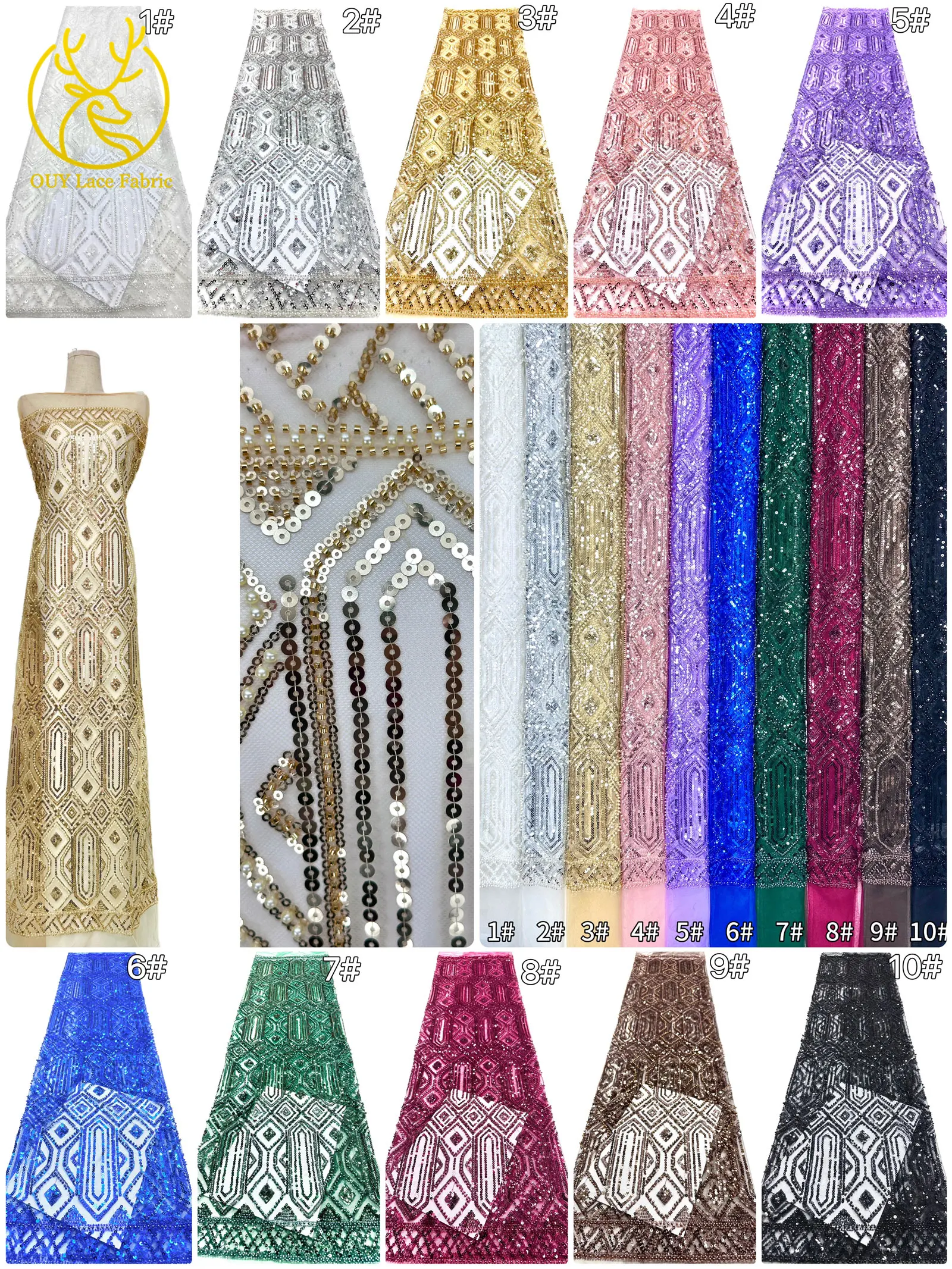Gold Luxuriöser Afrikanischer Perlen-Spitzenstoff 2026 Hochwertiger Französischer Nigerianischer Mesh-Pailletten-Spitzenstoff für Party-Abendkleider Nähen – Detail 3