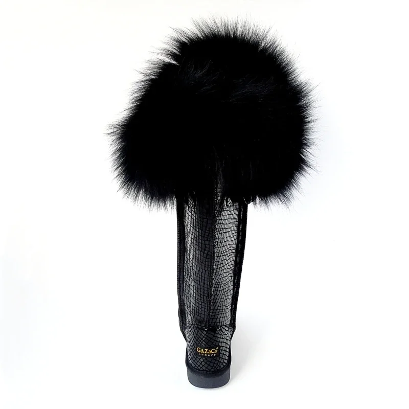 G&Zaco Winter Natural Black Fox Fur Snow Boots Cow Genuine Leather Knee High Boots Long Waterproof Raccoon Women Boots
