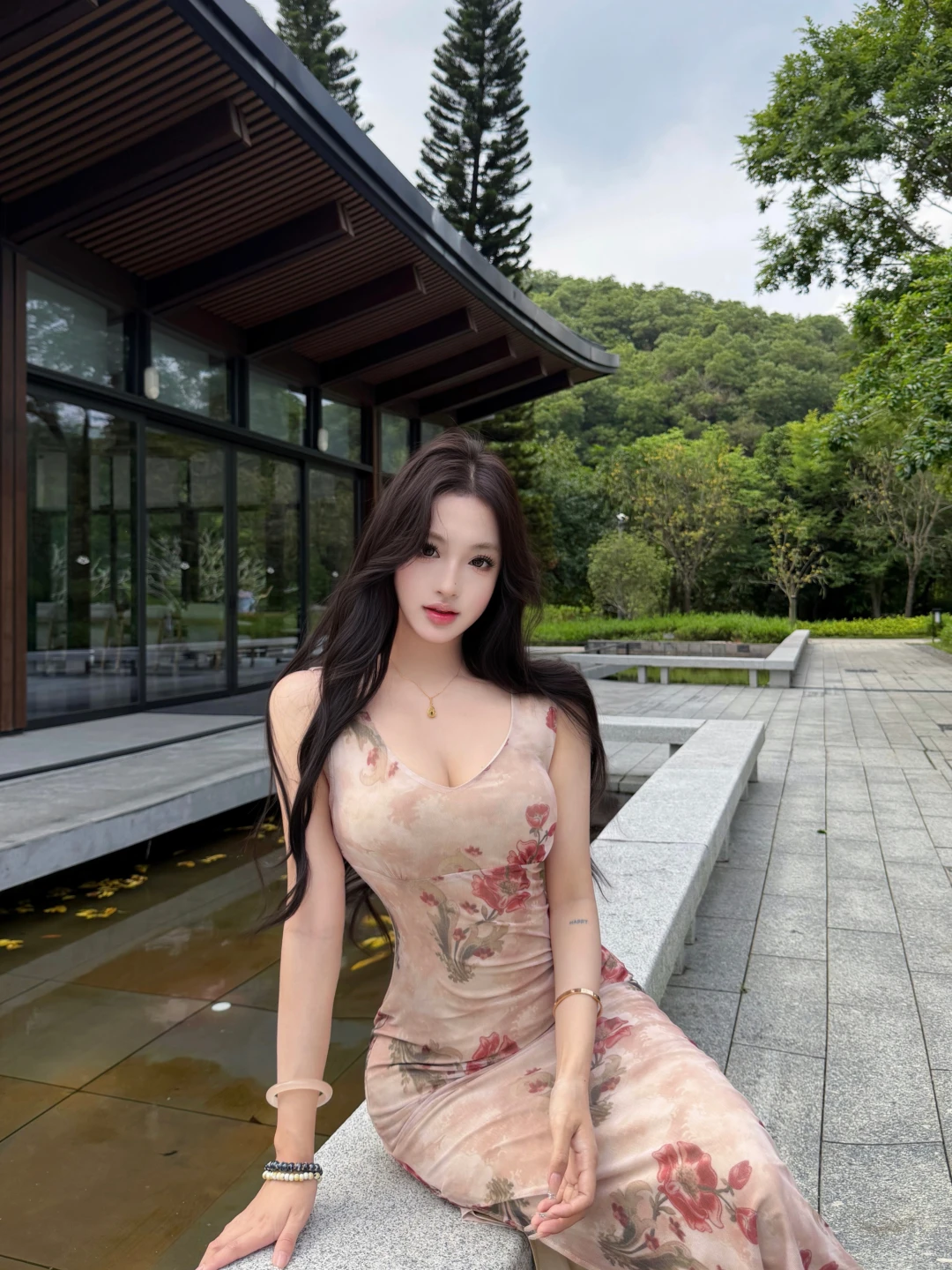 

Kumikumi Pure Desire Nude Pink Print Vest Dress Women's Summer Slimming Bodycon Skirt Long Dress Sexy Style A-Line Skirt