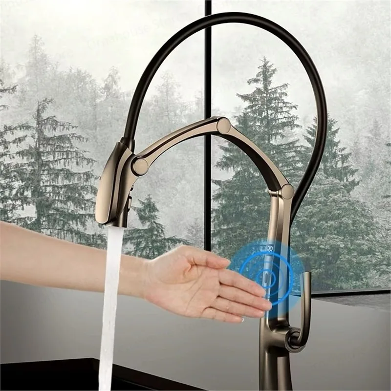 Luxury Brass LED Display Kitchen Faucet Touchless Sensor Pull-Out 3-Function Water-Saving Mixer Design Cold & Hot Sink Tap