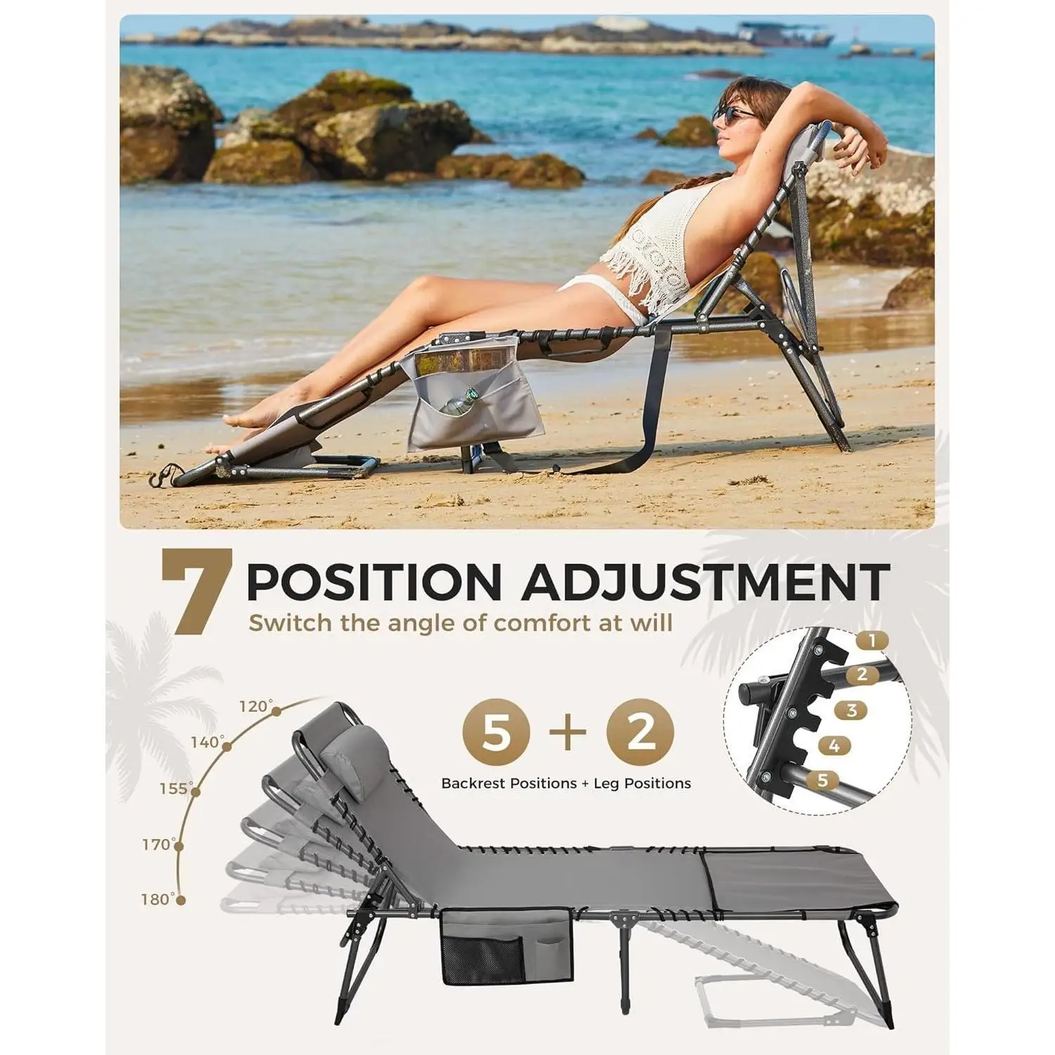 2 Pack Lounge Chair Outdoor with Canopy & Face Hole, Adjustable 5-Position Folding Chaise Tanning Recliner Portable ComfyChaiser