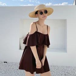 2022 New Women One Piece Swimsuit Solid Off Shoulder Sexy Swimwear Padded Ladies Flouching Bathing Suit Swim Dress Girls