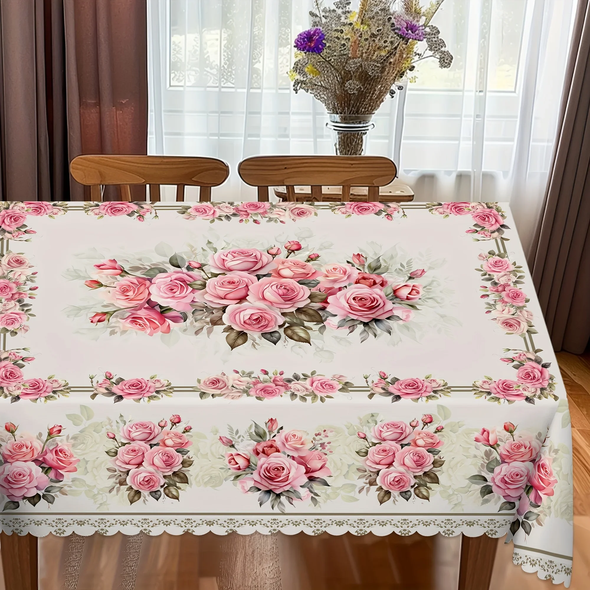 1 piece of retro floral farmhouse-style polyester tablecloth - pink roses and lace designxzj