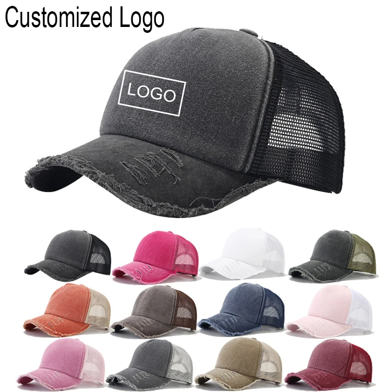 Customized Logo New Retro Old 5-Panel Washed Solid Color Light Board Baseball Cap Mesh Men Women Casual Breathable Trucker Cap
