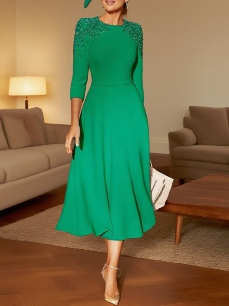 

Wedding Guest Dresses for Women 3/4 Sleeves Crystal Luxury Mother of the Bride Dress A Line Belt O Neck Party Gown