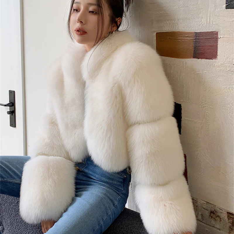 معطف فرو الثعلب من HOOOFUR سترة نسائية شتوية عصرية دافئة وسميكة من الجلد البني مقاس كبير معطف بارد من الفرو المزيف خصيصًا