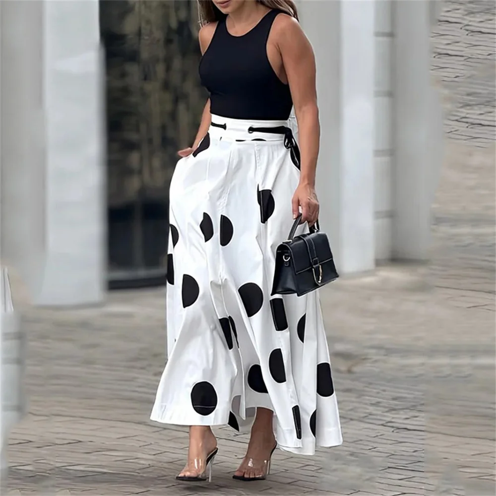 Elegant Women Polka Dot Printed Long Skirt Two Piece Set Summer Office Black O Neck Sleeveless Vest Top A Line Long Skirt Suit