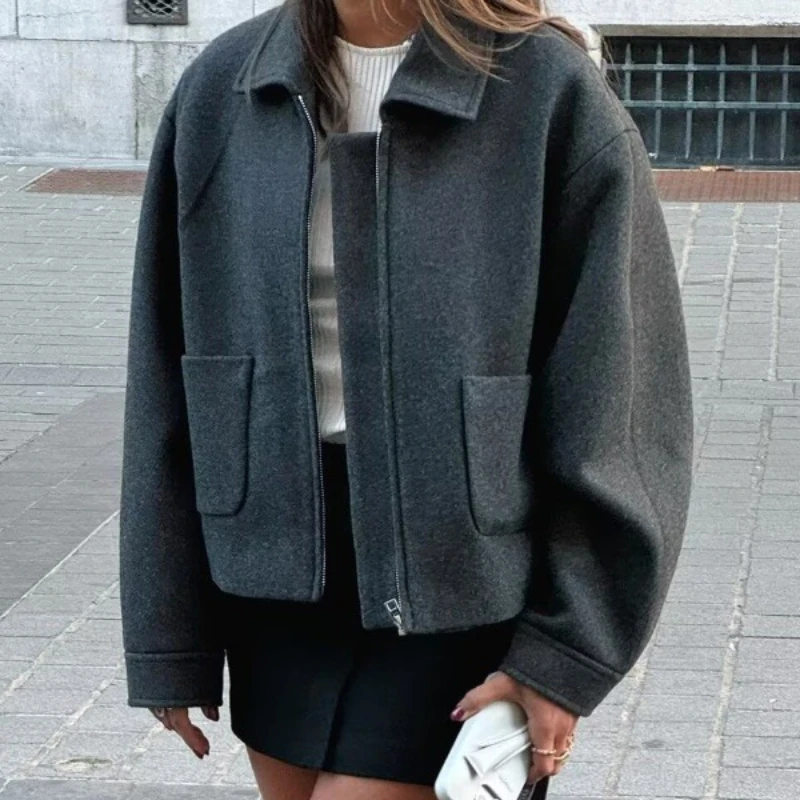 Women's Fashion Zipper Simple and Versatile Soft Woolen Jacket