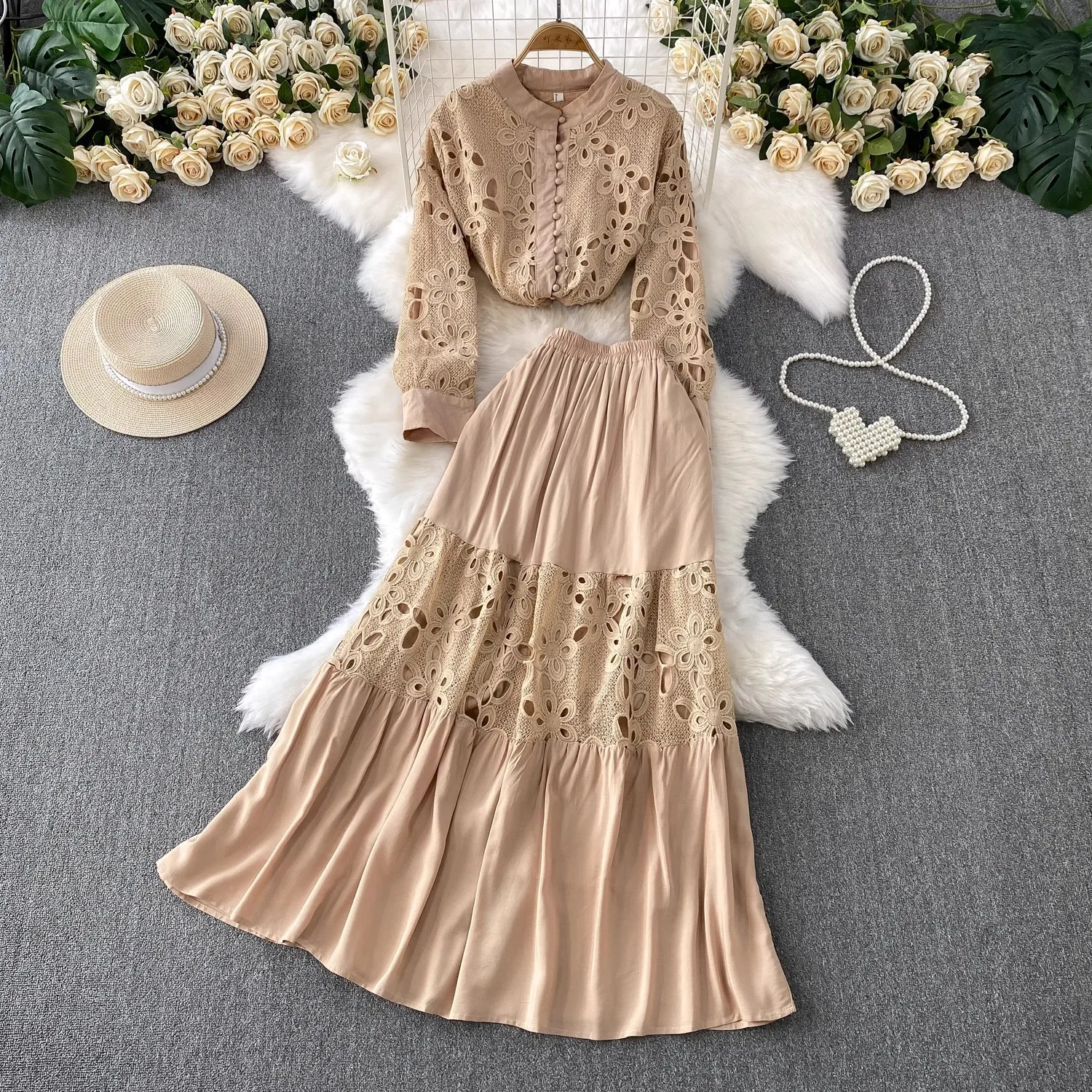 

2025 Holiday Beach Women's Suit Hollow Embroidery Lace Stand Collar Long Sleeve Shirt + High Waist Long Skirt Two-piece Suit