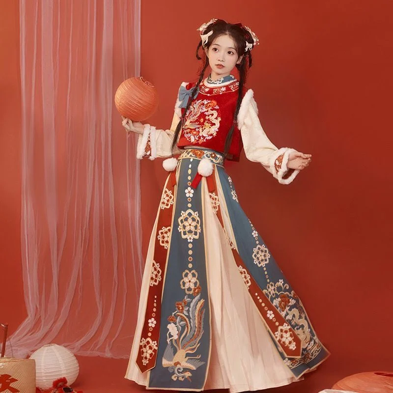 Girlfriends Adult Female Hanfu round Neck Thickened and Improved Fleece-lined Autumn Winter Cute New Year Greeting Han Elements