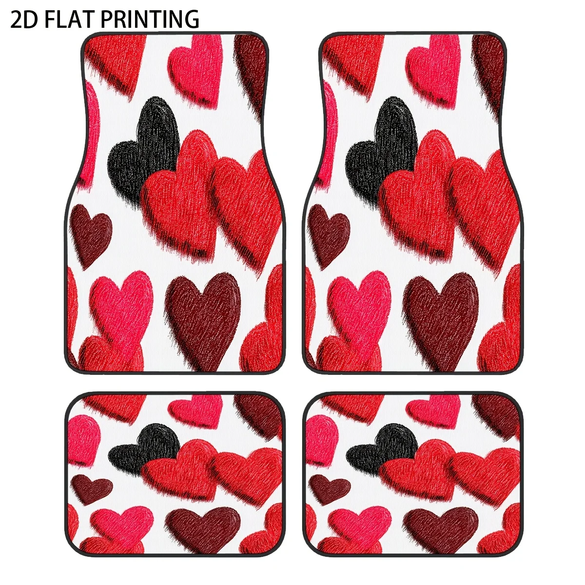

4pcs Red And Black Heart Pattern Car Floor Mats, Universal Polyester Material, All-Season Vehicle Interior Protection Decorative