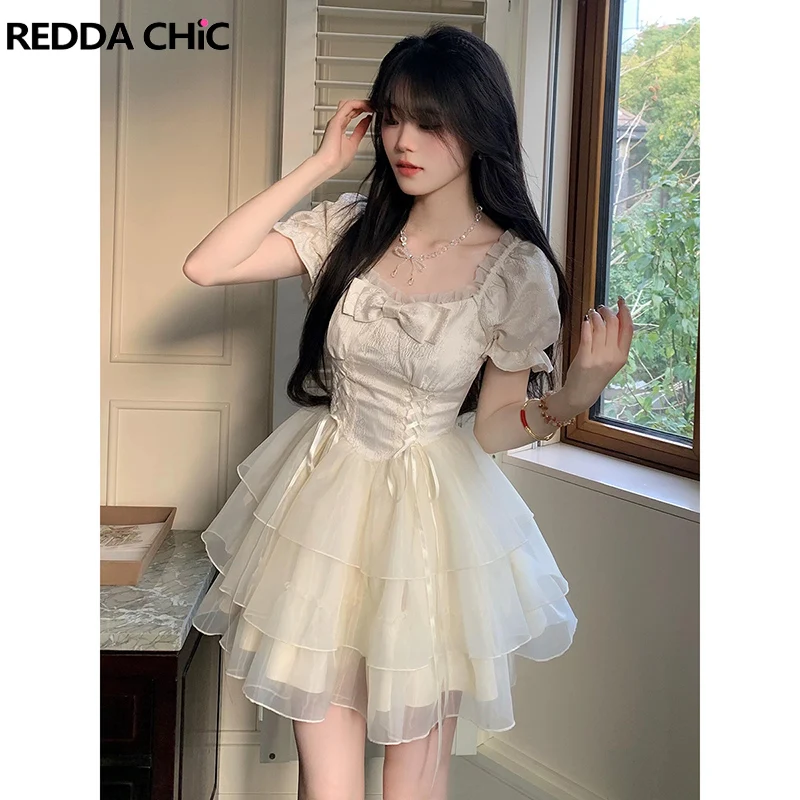 ReddaChic-vestido com cadarço com cadarço para mulheres, manga curta, plissado em camadas, laço, mini vestido de princesa, vestido Lolita Tutu, verão
