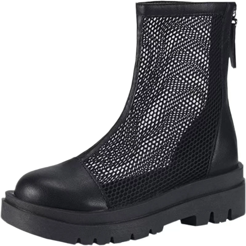 

Женские высокие сапоги с толстой подошвой и сеткой большого размера, весна-лето, новые ботинки с круглым носком на плоской подошве, сетчатые дышащие молнии, крутые ботинки