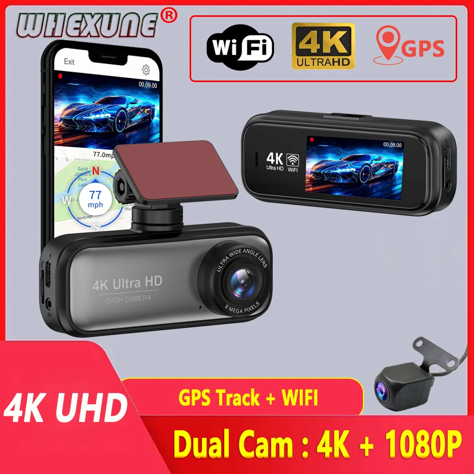 Dash Cam UHD 4K for Car Camera Night Vision With GPS WiFi 24h Parking Loop Record 4K Front and 1080P Rear Dual Lens