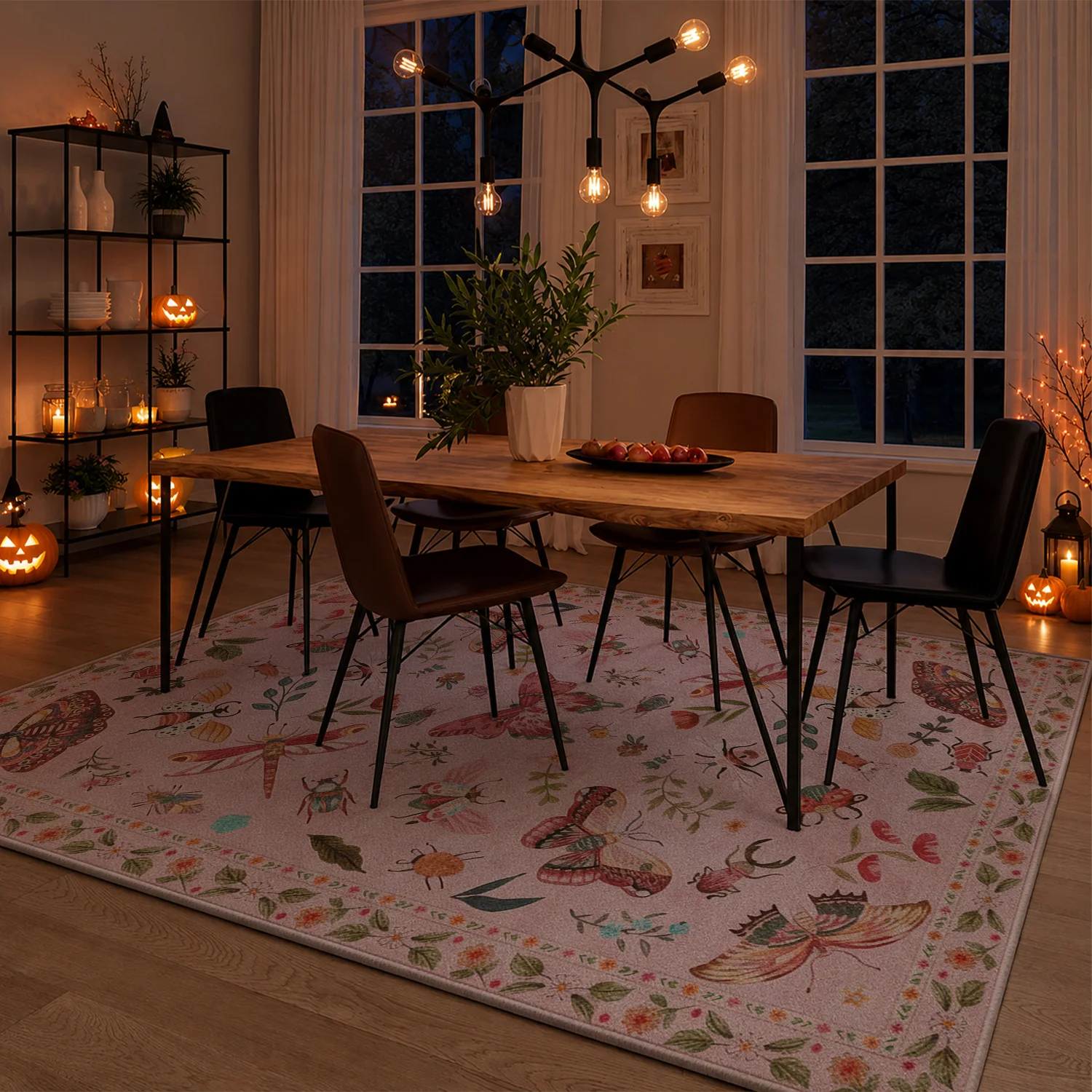 Large Indoor Area Rug, Soft Velvet Low Pile with Non-Slip Dotted Backing, Machine Washable Whimsical Butterfly & Insect Floral Pattern Soft Pink Rug for Living Room, Bedroom, Entryway - Botanical Home Decor