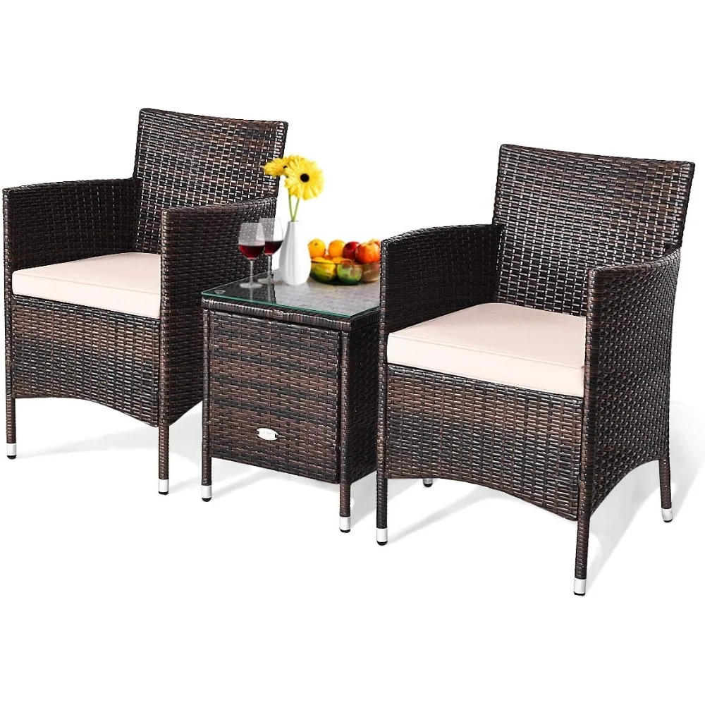 

3 Piece Patio Set Wicker Rattan Furniture Set Outdoor Rattan Conversation Set with Coffee Table Chairs & Thick Cushio