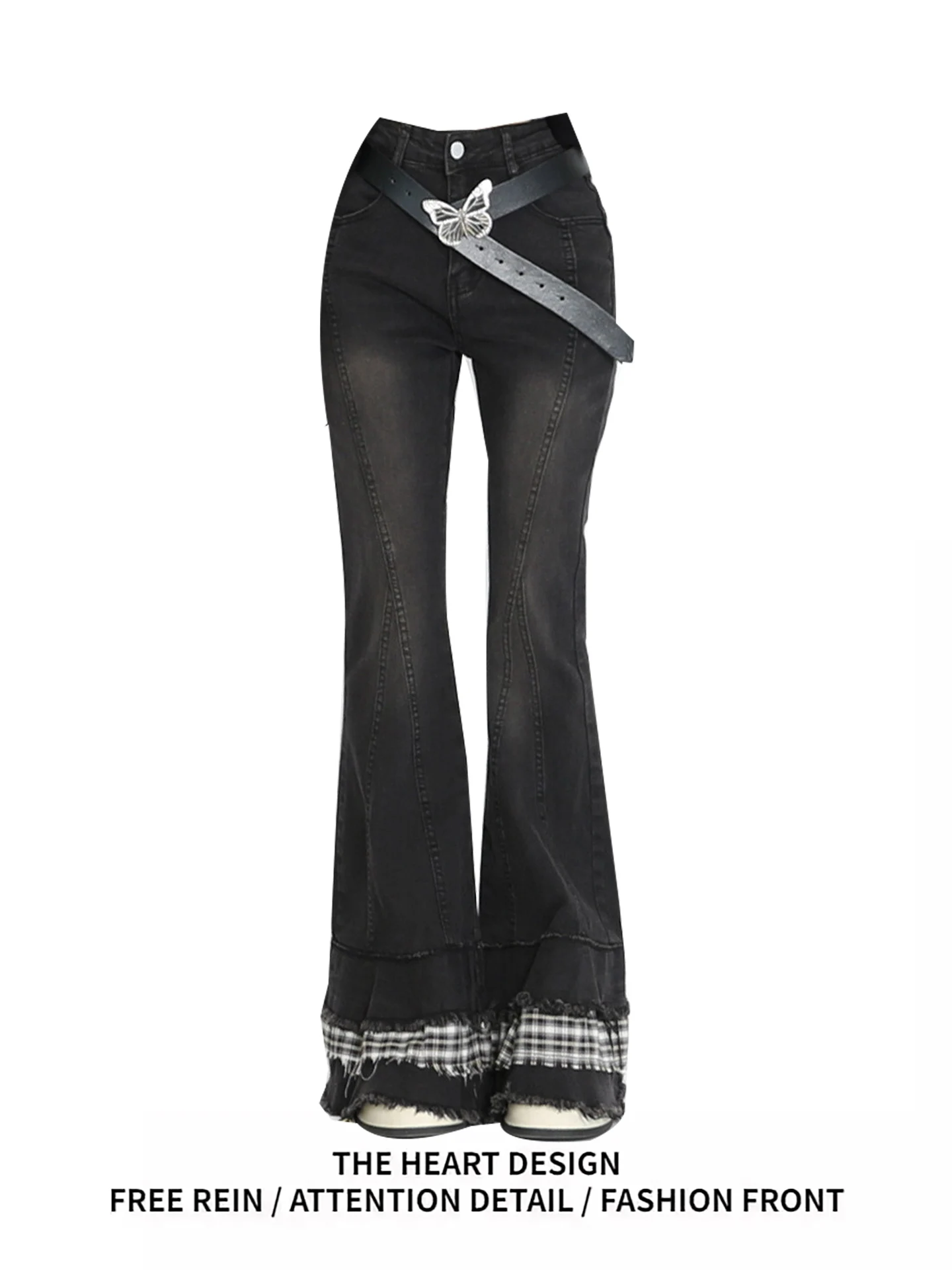 

High Waist Micro Flared Denim Jeans Plaid Retro American Splicing Women's Spring Autumn Slimming Hoof Pants