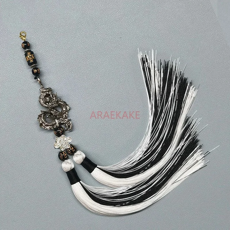 Mobile phone chain black tassel silver handmade Chinese retro style gift for male students