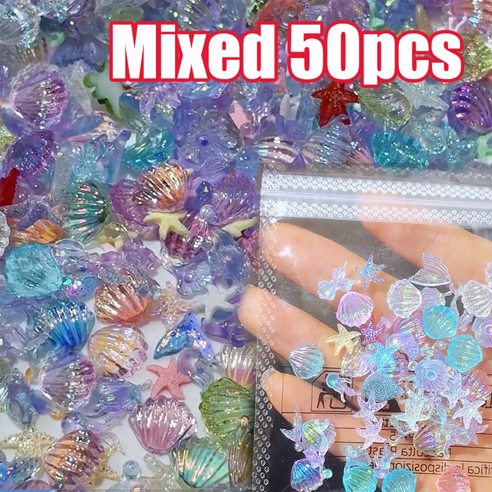 50pcs Mixed Ocean Colorful Translucent Shell/Jellyfish Nail Charms 10x11mm Aurora Shell Nail Art DIY Mermaid Shell Nail Parts