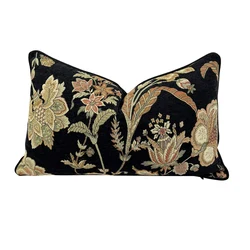 Fashion Black Velvet Floral Waist Pillow Case Vintage  Woven Jacquard Chenille Lumbar Living Cushion Cover Sell by Piece 30x50cm