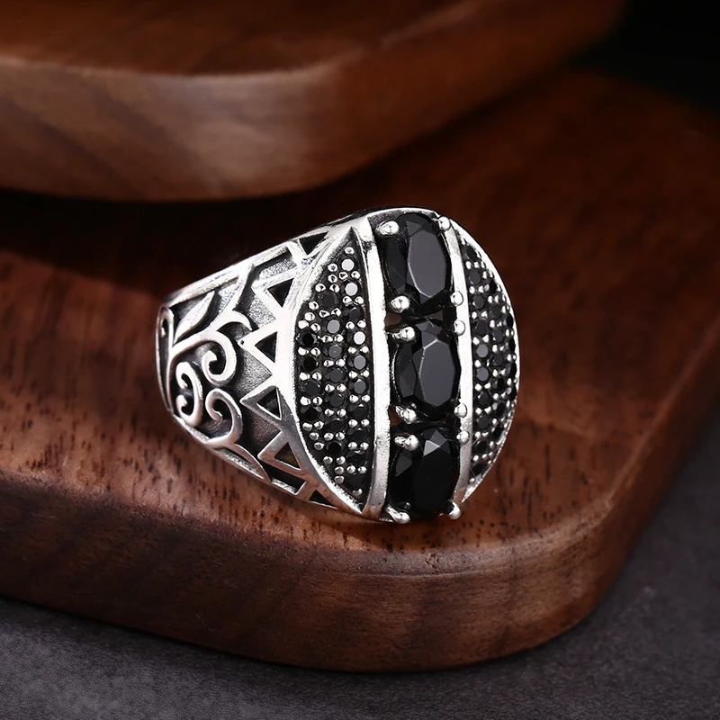 OUYADI High‑End Vintage S925 Sterling Silver Men Open Ring Eternal Vine Carving With Black Zircon Inlay Fine Silver Jewelry
