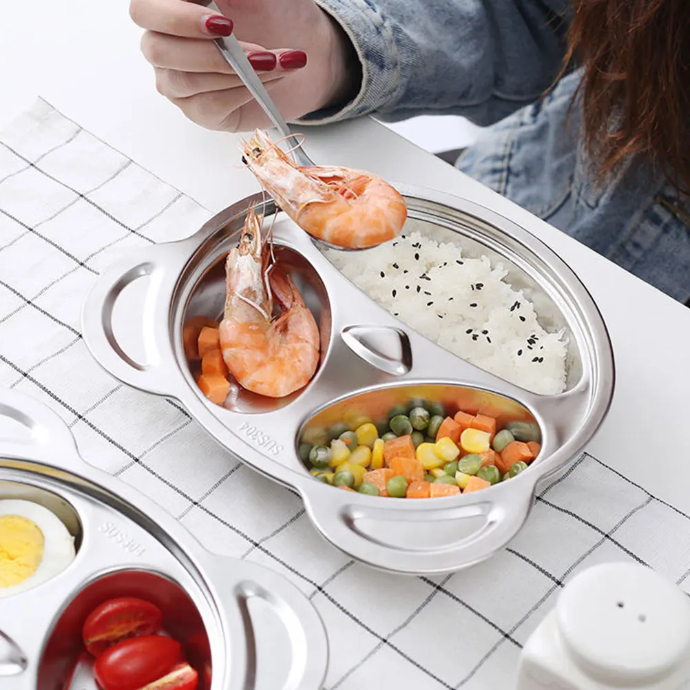 

2Pcs Panda Stainless Steel Food Plate Divided Kids Toddler Portion Control Compartment Plate Safe for Oven Dishwasher