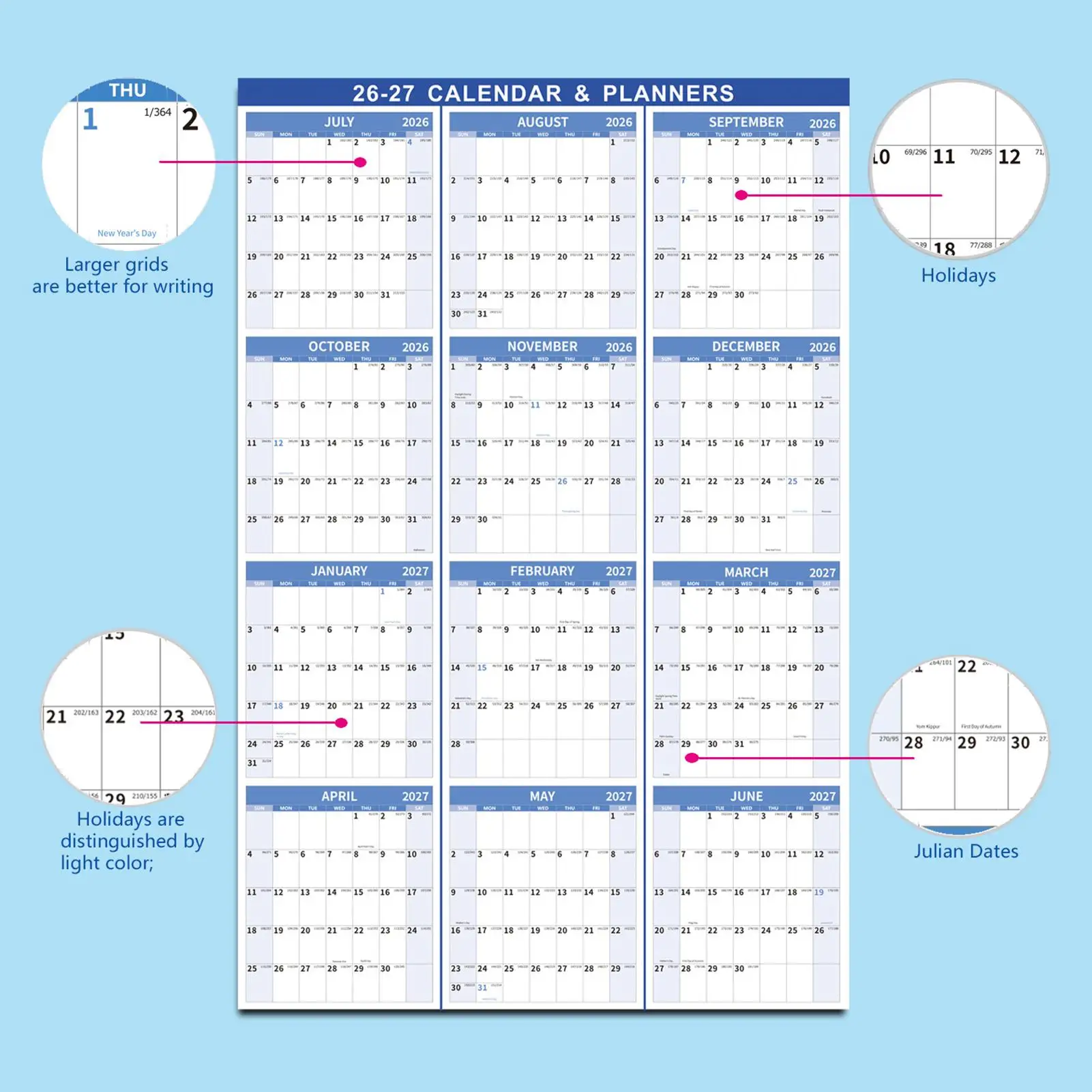 Year Calendar Wall Planner July 2026-June 2027 Time Management Planner Yearly Vertical Calendar For Home Apartment School Office
