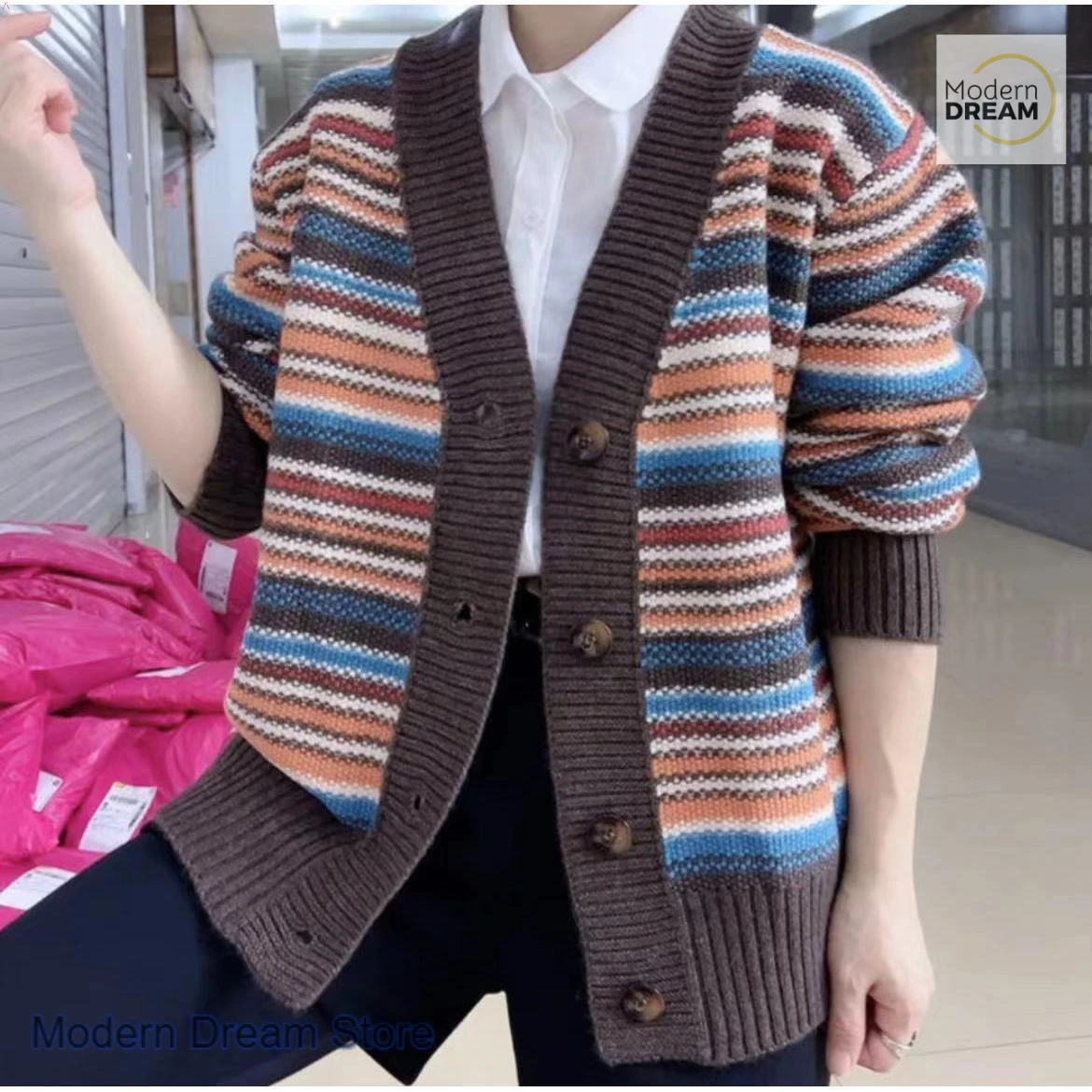 프렌치 스타일 패션 컬러 스트라이프 스웨터 코트 여성용 가을 겨울 신상 캐주얼 웨스턴 스타일 루즈 조커 스웨터 코트