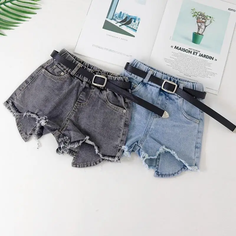 Girls Shorts Outer Wear Korean Kids New Summer Middle Big Kids Raw Edge Ripped Jeans Stylish Versatile Hot Pants