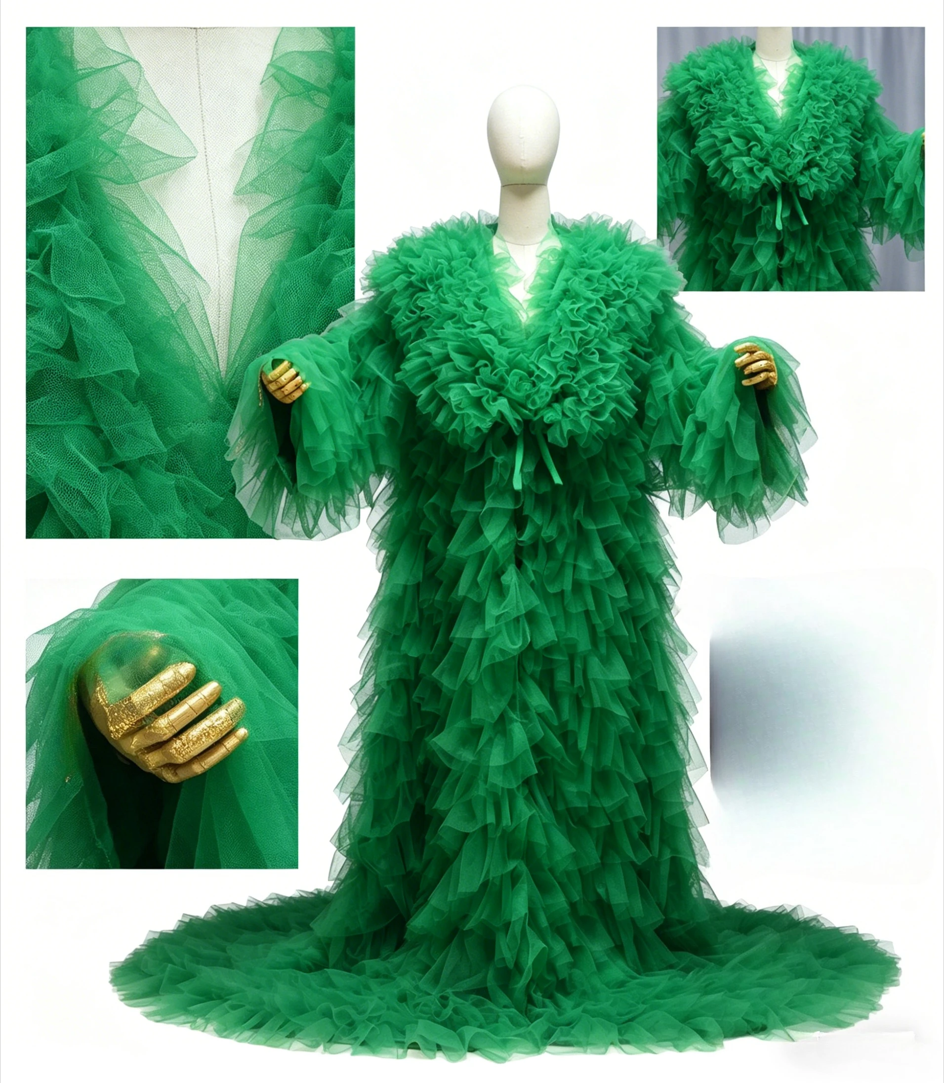 fluffy pleated ruffled long sleeved cloak Fluffy Tiered Tulle Long Women Jacket Lush Cape Vest Outfit Female Outwear Coat custom