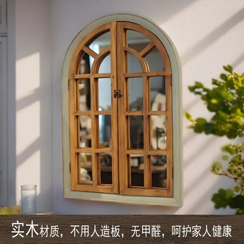 Fake flower window retro wall decoration solid wood window simulation window wall hanging mirror French background panel