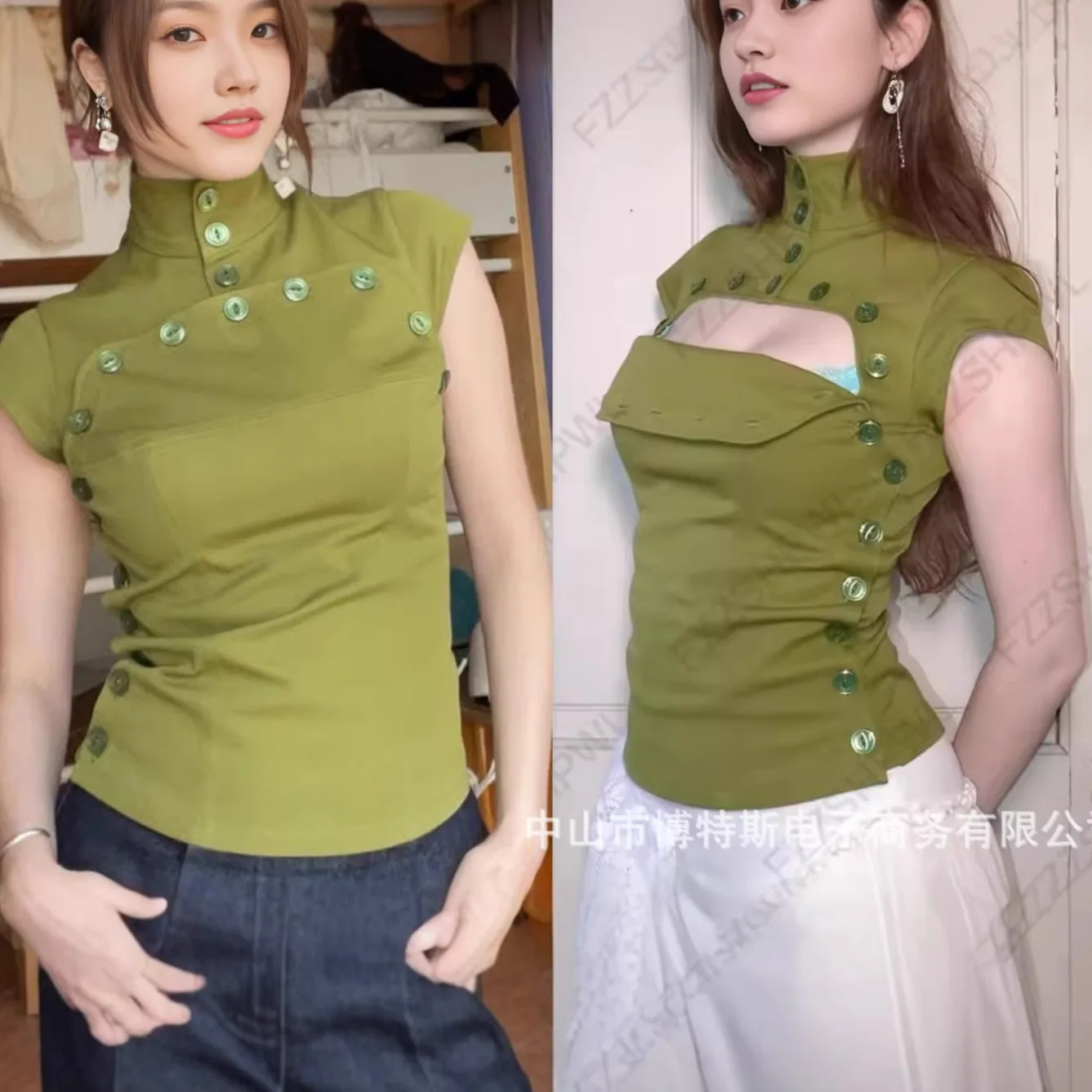 

American Retro Stand Collar Single-breasted Elegant Temperament Slim-fit Shirt Summer New Sweet Cool Women Short-sleeved Shirt