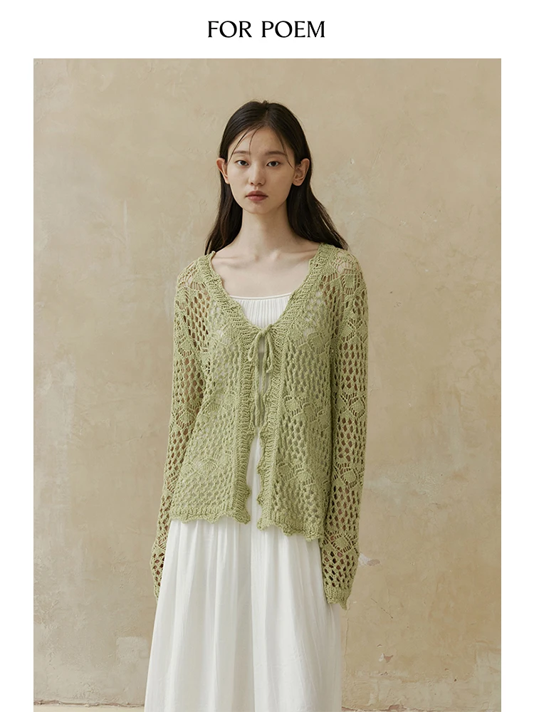 

ForPoem Original Design Linen Knitted Hollow out Vintage Belted Outerwear Top Loose Fit Cotton 70% Linen 30% Long Sleeve Card...