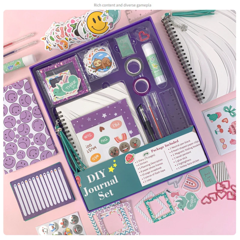 Jounary Purple Hand Ledger Scrapbooking Set Diary Gift Box Clipping Thin Sticker Children's DIY Stationery Supplies