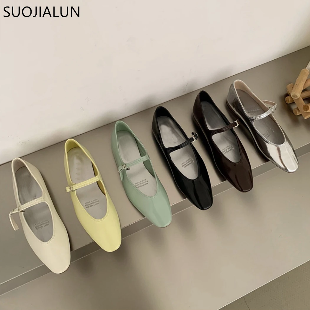 SUOJIALUN 2023 Summer New Women Flat Shoes Fashion Shallow Ladies Casual Soft Mary Jane Shoes Outdoor Dress Flat Ballet Shoes